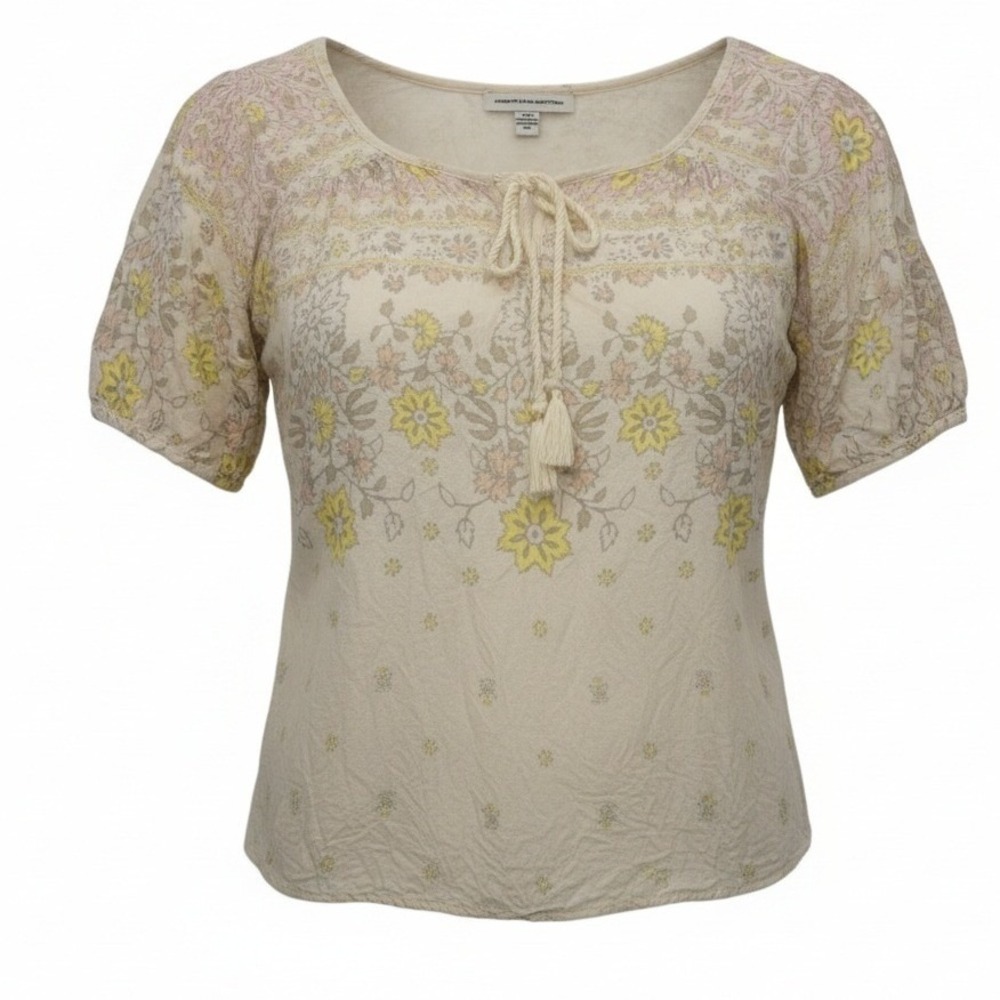American Eagle Cream Floral Peasant Blouse‎ Short Sleeve Tassel Tie Boho Top M